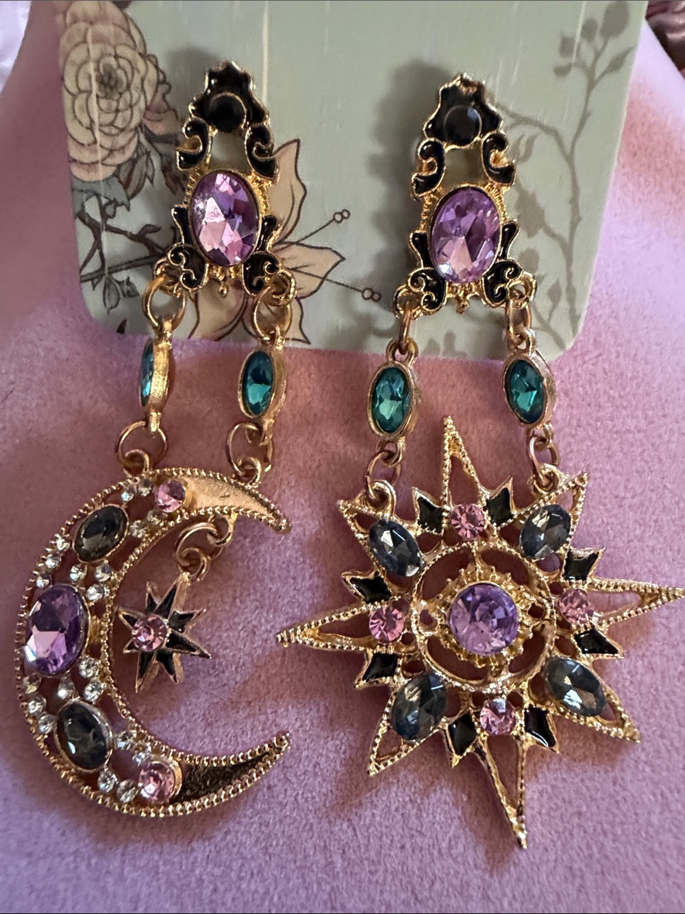 Gold-Tone 2” Moon & Sun Drop Earrings with Purple and Teal Stones (J0235)